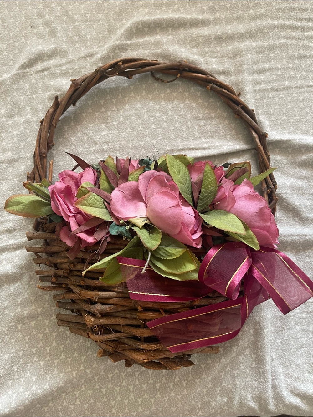 Pink Floral Grapevine Wall Basket with Ribbon